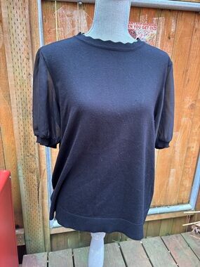 Adrianna Papell Mixed Media Knit Top | Sheer Organza Puff Sleeve S (fits like M)